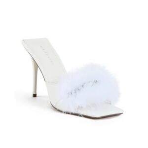 NWOB Azalea Wang Lulu Feather Trim Rhinestone Stiletto Mule Heels White Size 10